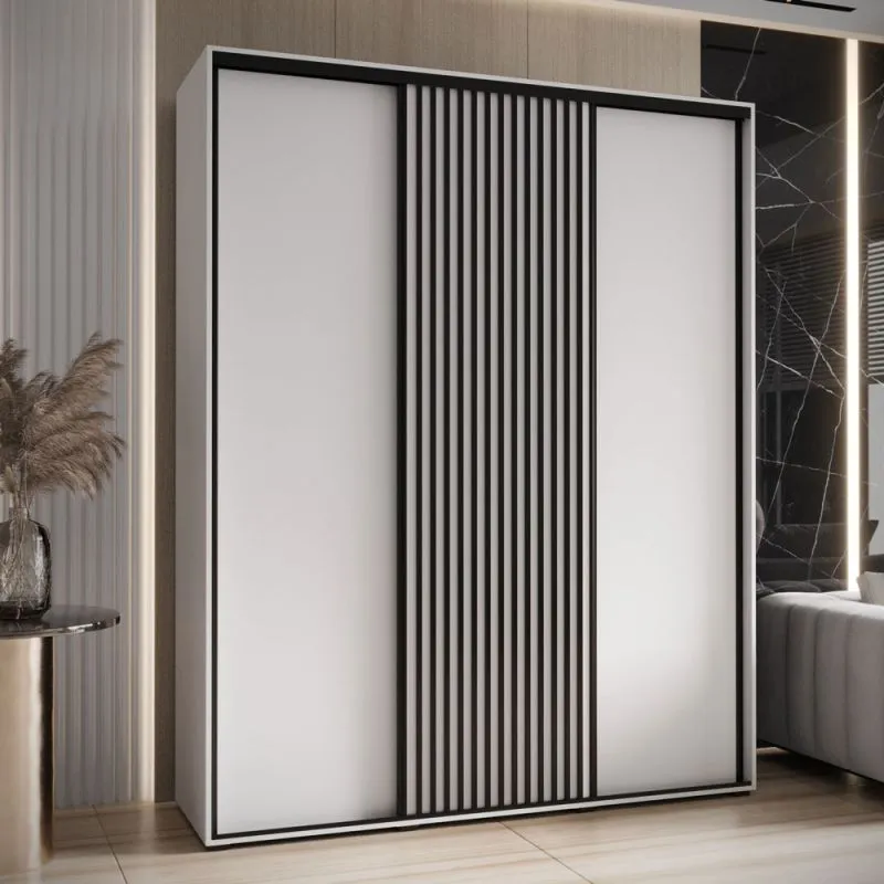 Weißer Schiebetürenschrank Mina, Schwarze Lamellen, Schwarzer Stahlgriff, platzsparend, viel Stauraum, Anti Staubbürsten, 235,2 x 200 x 60 cm