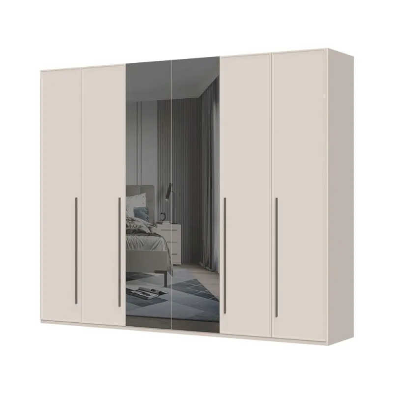 Drehtürenschrank mit zwei Spiegeltüren Neiafu 19, Farbe: Kaschmir, Maße: 224 x 272 x 56 cm, drei Kleiderstangen, Soft-Close-Funktion, verstellbare Füße