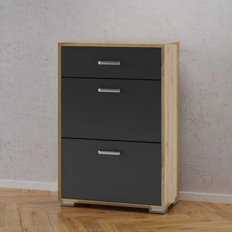 Schuhschrank Stepino | Farbe: Eiche Artisan / Anthrazit matt | 2 Klippfächer | 1 Schublade |Garderobe | 60 x 30 x 88,5 cm | Flur