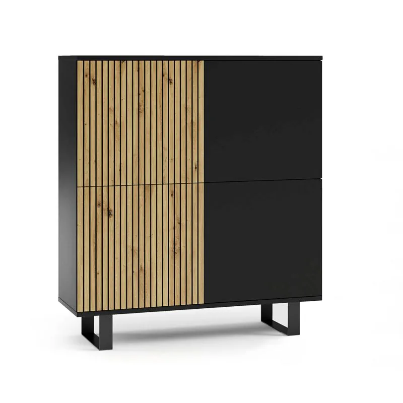 Kommode mit Metallbeine Valtierrilla 08, Farbe: Eiche Artisan / Schwarz, schlichtes Design, vier Türen für die Garderobe, Maße: 114 x 100 x 40 cm