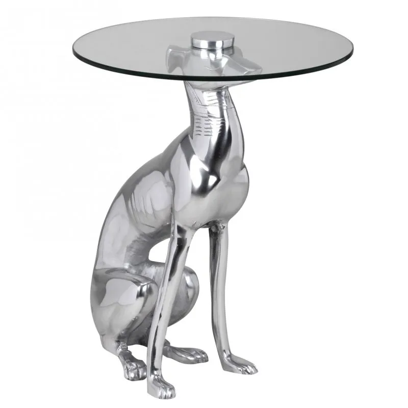 Windhund Deko Beistelltisch, Farbe: Silber / Glas - Abmessungen: 50 x 40 x 40 cm (H x B x T), Tischplatte aus Glas
