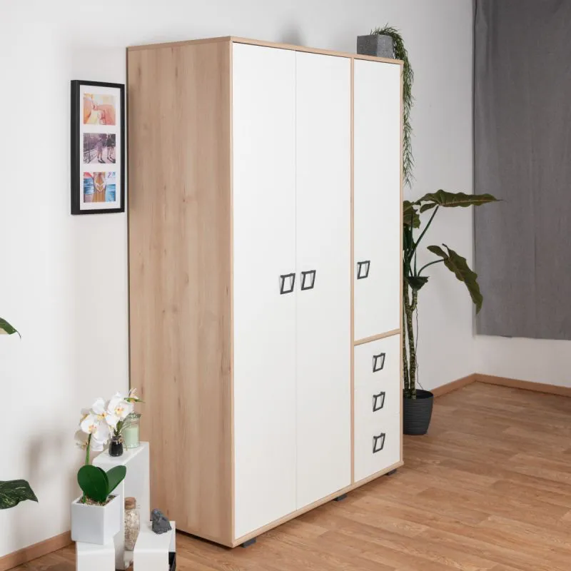 Kinderzimmer - Drehtürenschrank / Kleiderschrank Benjamin 14, Farbe: Buche / Weiß - 198 x 126 x 56 cm (H x B x T)