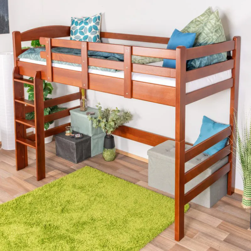Hochbett 90 x 190 cm, "Easy Premium Line" K22/n, Buche Massivholz Dunkelbraun, teilbar
