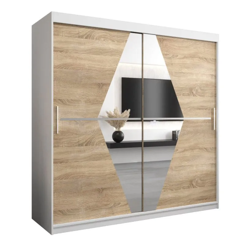 200 cm breiter Kleiderschrank mit 2 Türen | 10 Fächer | Farbe: Sonoma Eiche / Weiß Abbildung