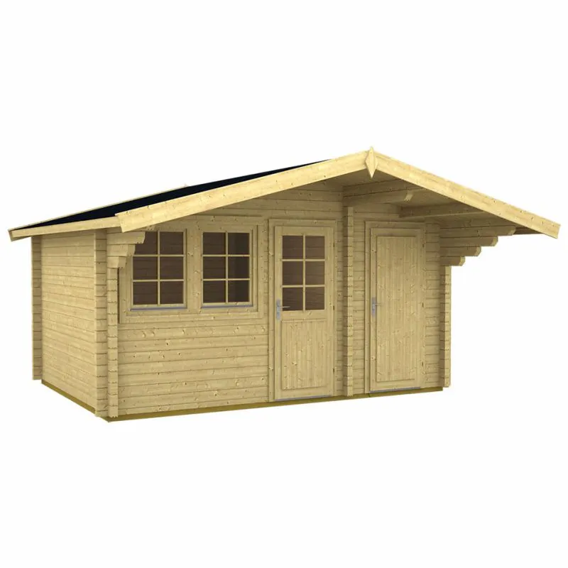 Gartenhaus 4,7 x 4,91 Meter (inkl. Dach) | 1 Fenster | 70 mm Blockbohlen |natur unbehandelt | Satteldach | inkl. Fußboden | aus nordischer Fichte Abbildung