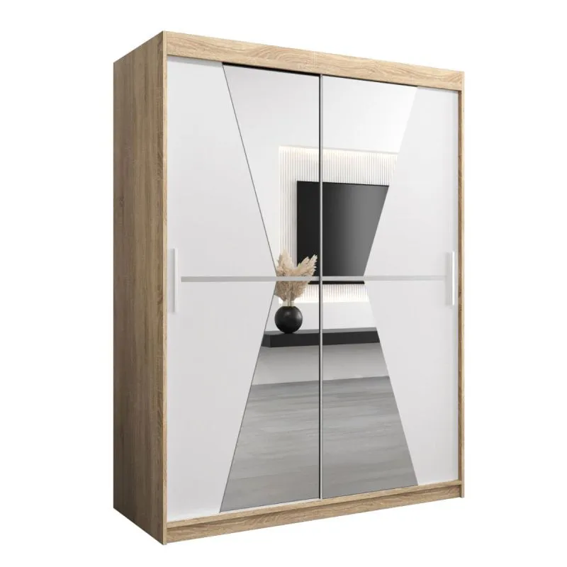 150 cm breiter Schiebetürenschrank mit 2 Türen | 5 Fächer | 2 Kleiderstangen | Farbe: Sonoma Eiche / Weiß Abbildung