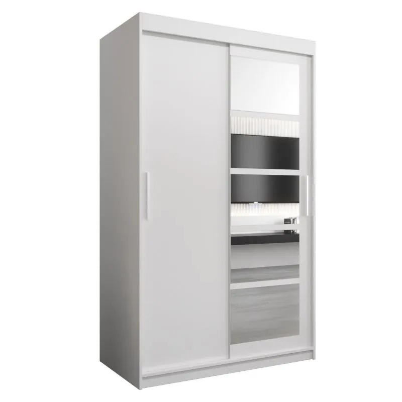 120 cm breiter Schiebetürenschrank mit 2 Türen | 5 Fächer | 2 Kleiderstangen | Farbe: Weiß Abbildung