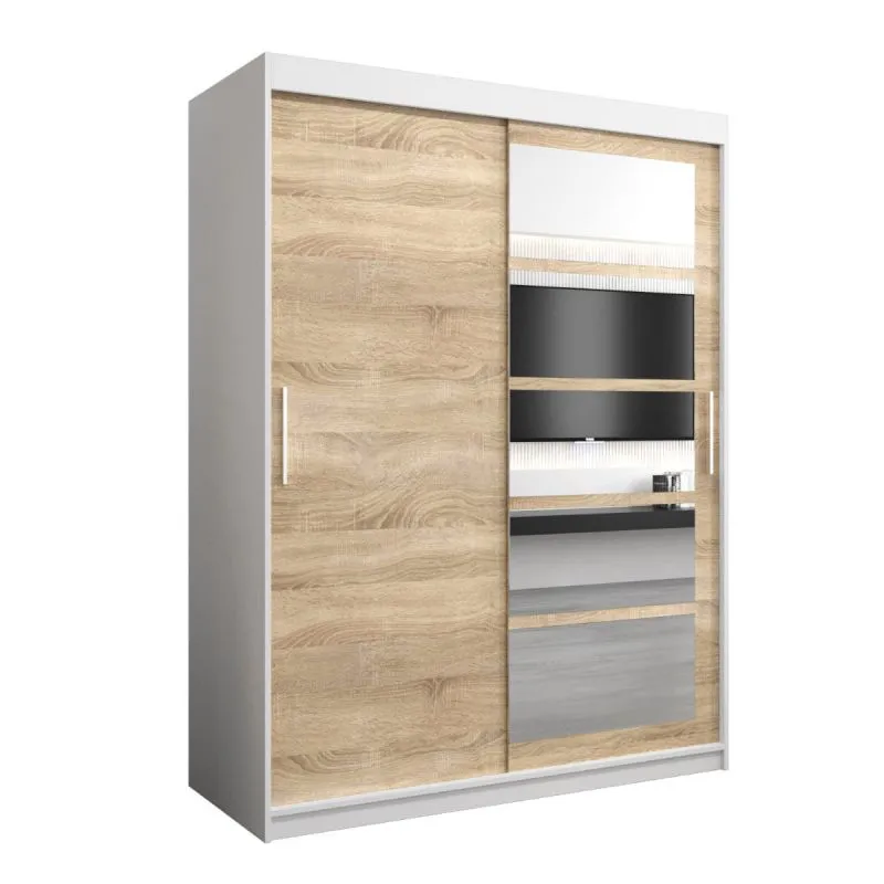 150 cm breiter Schiebetürenschrank mit 2 Türen | 5 Fächer | 2 Kleiderstangen | Farbe: Sonoma Eiche / Weiß Abbildung