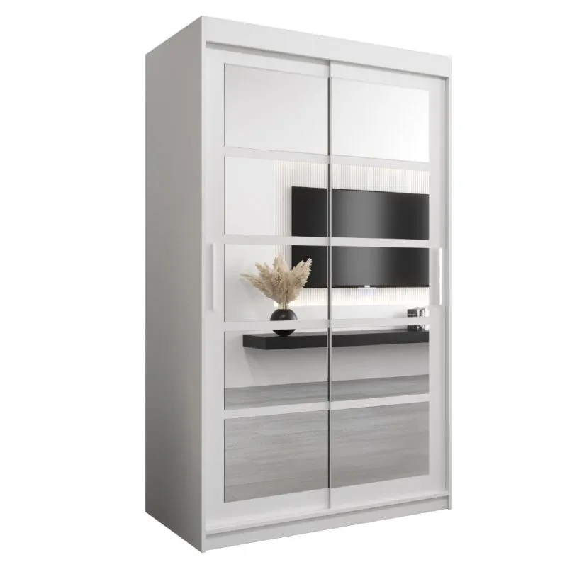 120 cm breiter Schiebetürenschrank mit 2 Türen | 5 Fächer | 2 Kleiderstangen | Farbe: Weiß Abbildung