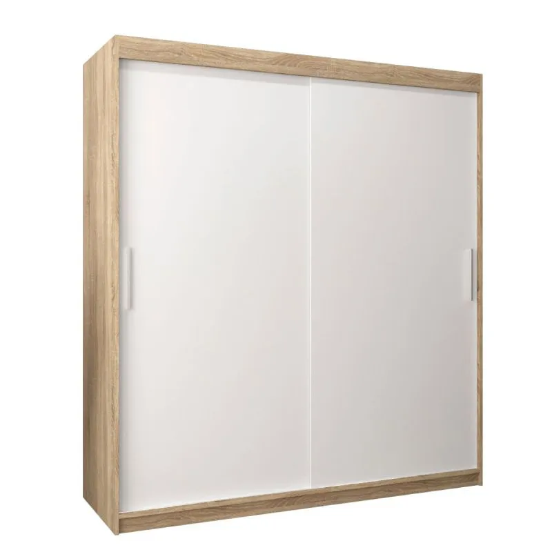 180 cm breiter Schiebetürenschrank mit 2 Türen | 10 Fächer | 2 Kleiderstangen | Farbe: Sonoma Eiche / Weiß Abbildung