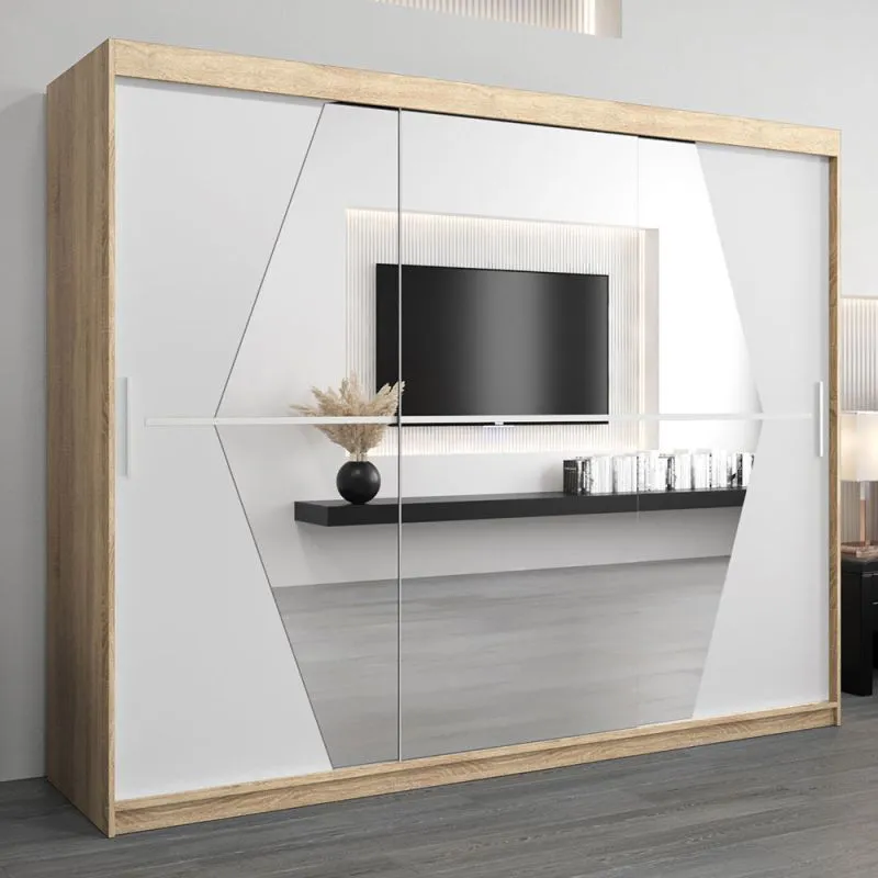 Großer 250 cm breiter Kleiderschrank mit 3 Türen | 10 Fächer | Farbe: Sonoma Eiche / Weiß Abbildung