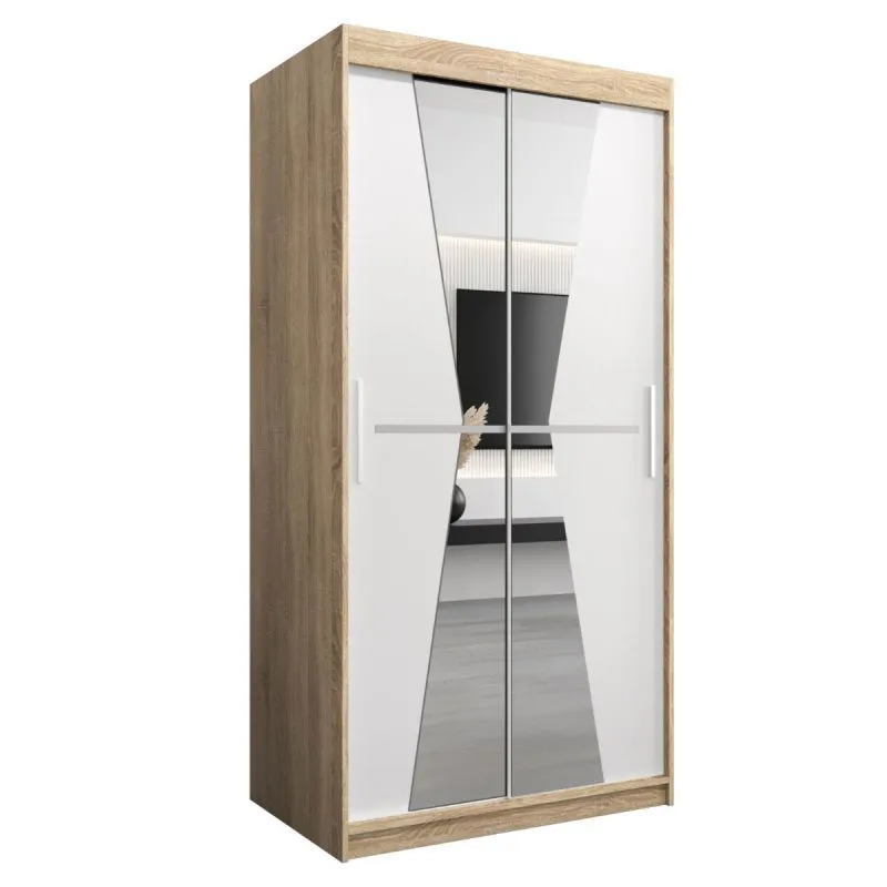 100 cm breiter Schiebetürenschrank mit 2 Türen | 5 Fächer | 2 Kleiderstangen | Farbe: Sonoma Eiche / Weiß Abbildung
