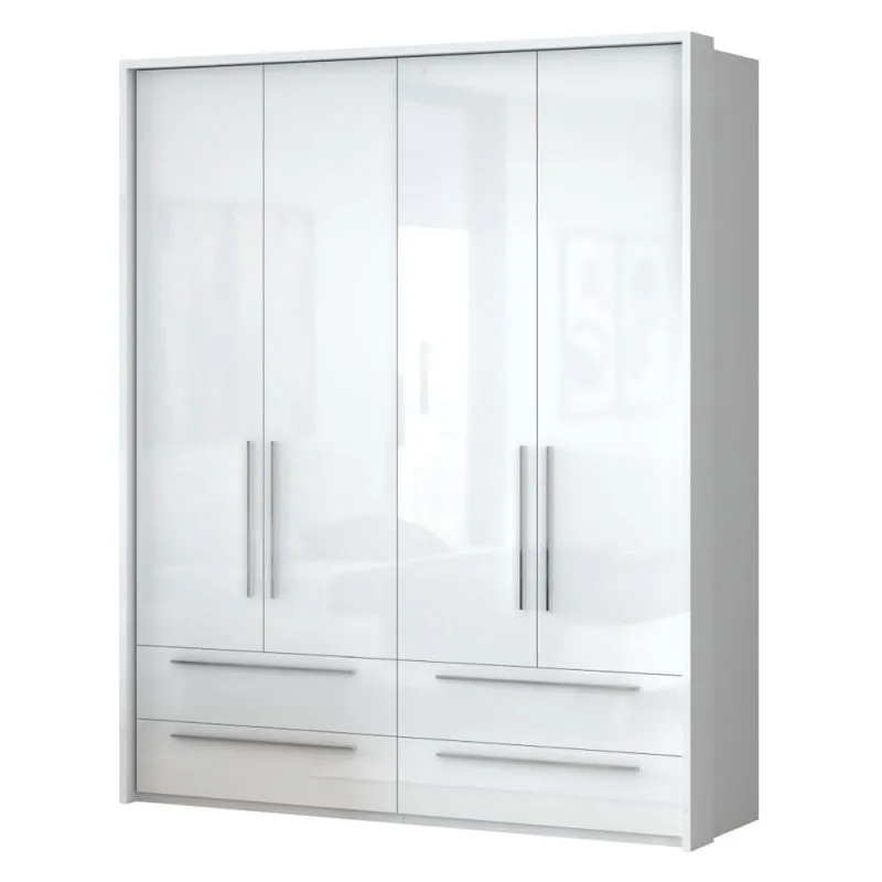 187 cm breiter Kleiderschrank mit 4 Türen, 2 Fächern und 4 Schubladen | Farbe: Weiß | Tiefe: 60 cm Abbildung