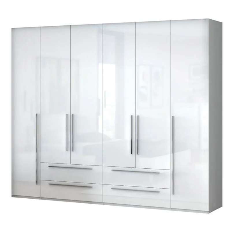Kleiderschrank | 6 Drehtüren | 4 Schubladen | 8 Fächer | mit 4 Kleiderstangen | 272 cm breit | Farbe: Weiß Abbildung