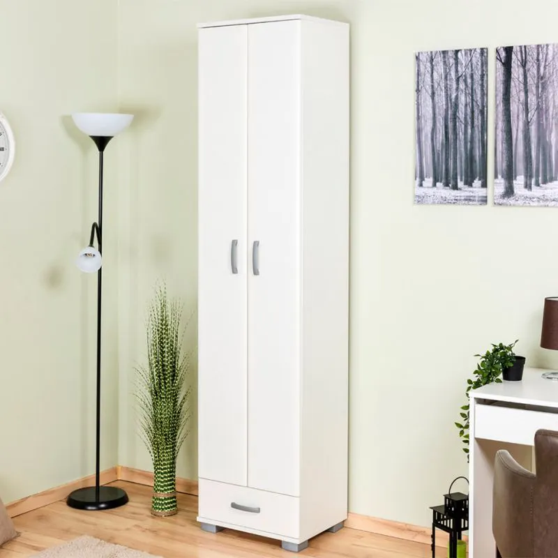 Kleiderschrank | 2 Drehtüren | 1 Schublade | 8 Fächer | mit Kleiderstange | 50 cm breit | Farbe: Weiß Abbildung