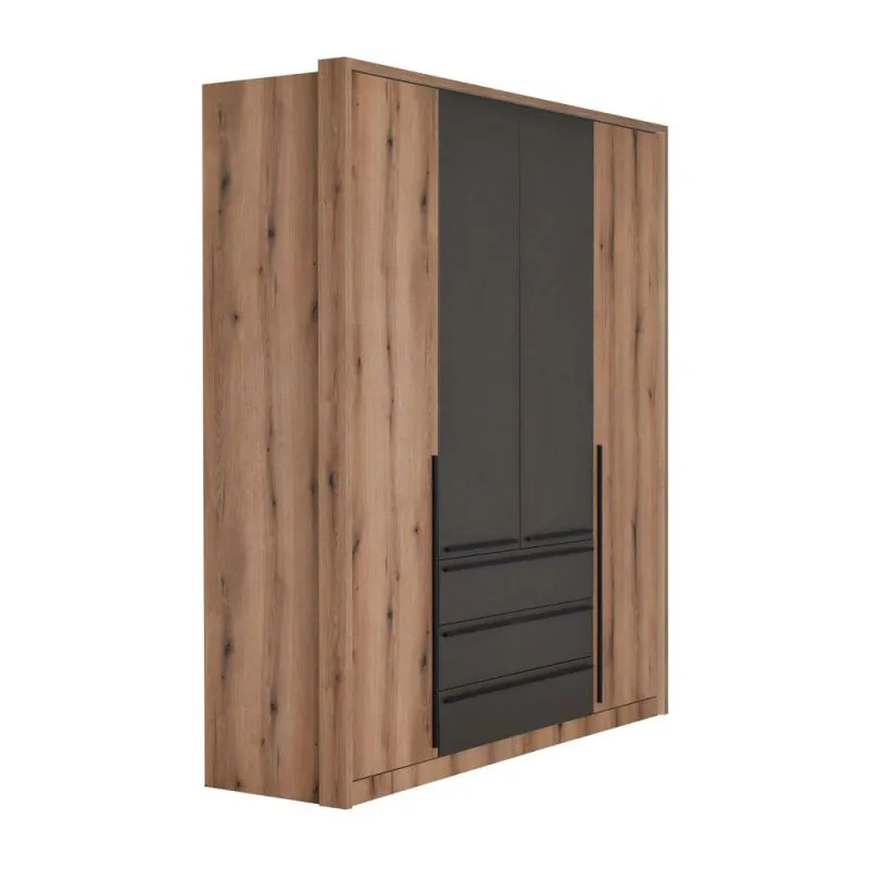 195 cm breiter Kleiderschrank mit 4 Türen, 5 Fächern und 3 Schubladen | Farbe: Eiche | Tiefe: 56 cm Abbildung