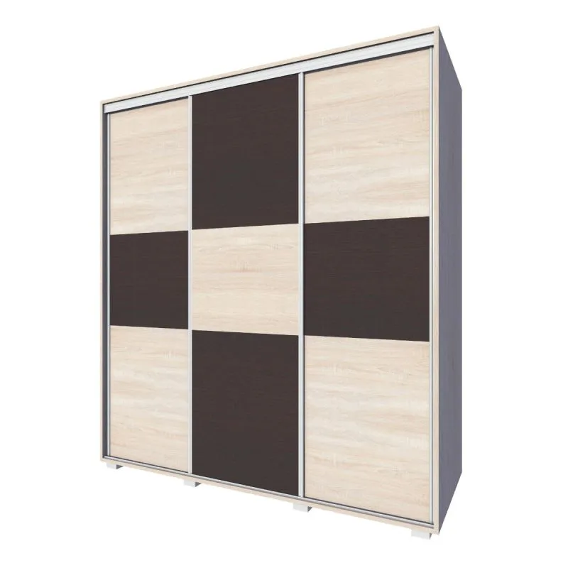 Kleiderschrank | 3 Schiebetüren | 3 Schubladen | 6 Fächer | mit 2 Kleiderstangen | 190 cm breit | Farbe: Sonoma Eiche Abbildung