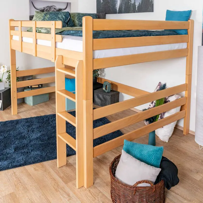 Hochbett für Kinder 160 x 190 cm | Massivholz: Buche | Natur Lackiert | umbaubar in Einzelbett | Premium-Qualität | inkl. Rollrost Abbildung