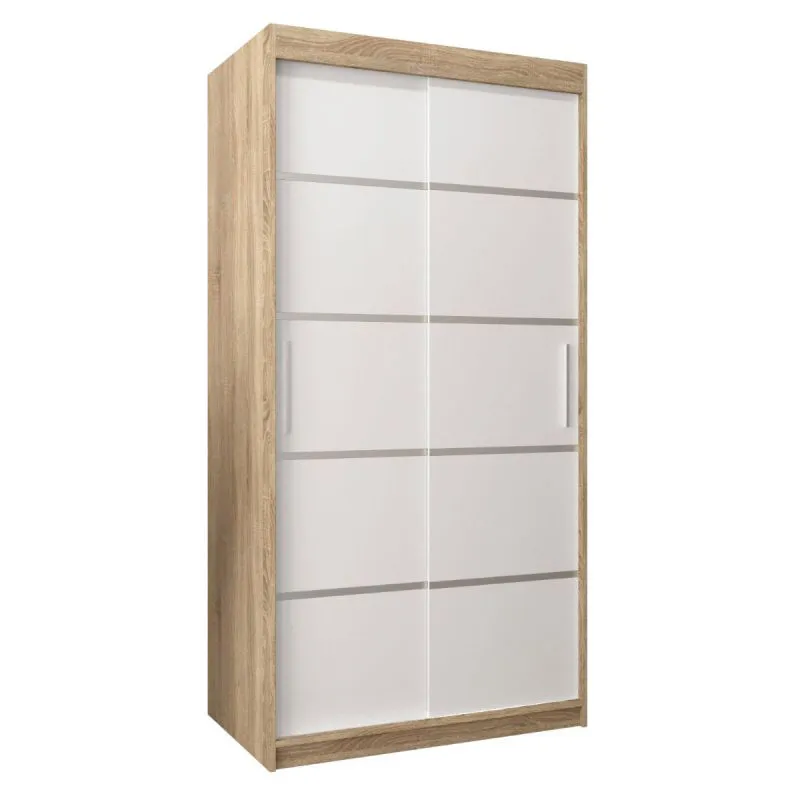 100 cm breiter Schiebetürenschrank mit 2 Türen | 5 Fächer | 2 Kleiderstangen | Farbe: Sonoma Eiche / Weiß Abbildung