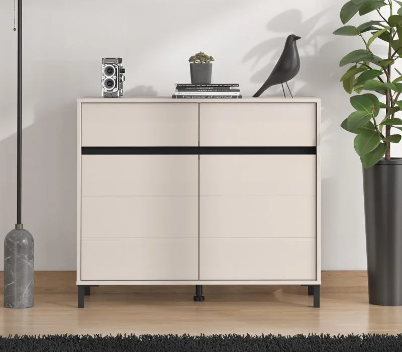 Kommode | 2 Drehtüren | Farbe: Kaschmir | 4 Fächer | Maße: 106 x 40 x 90 cm | ABS-Kanten | modernes Design | Beine: Schwarz | 2 Schubladen