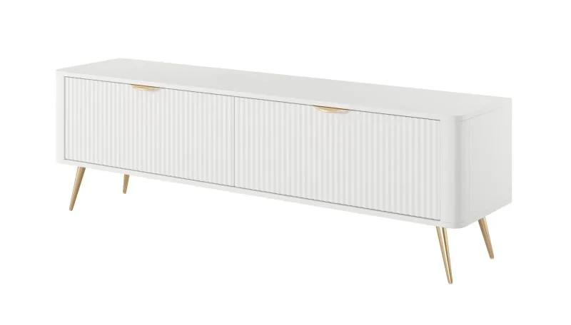 TV-Unterschrank | Weiß | Griffe & Beine: Metall | 2 Kipptüren | Maße: 51 x 163 x 38 cm | 2 Fächer | Lamellen Front | sehr stabil | TV-Möbel / TV-Board