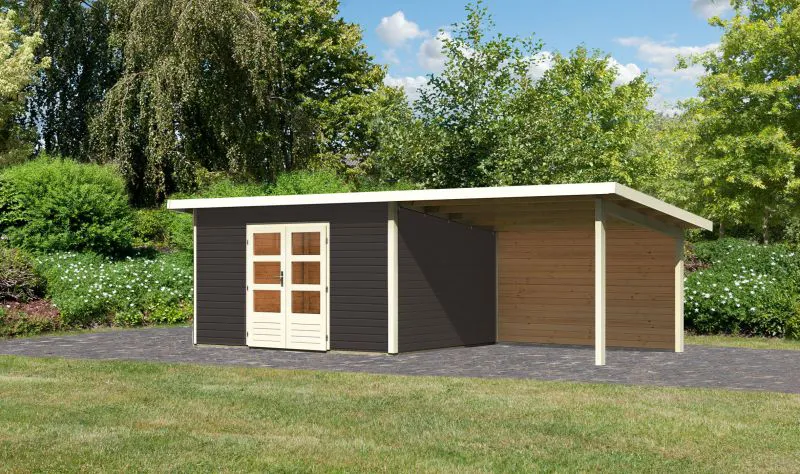 Gartenhaus SET terragrau mit Anbaudach 3,3 m Breite, Rückwand, Grundfläche: 9,3m²