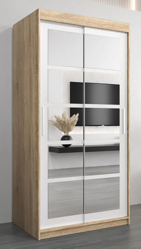 Schiebetürenschrank / Kleiderschrank Aizkorri 01B mit Spiegel, Farbe: Eiche Sonoma / Weiß matt - Abmessungen: 200 x 100 x 62 cm (H x B x T)