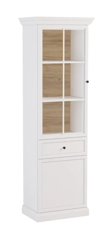 Vitrine Torsakala 08, Glastüre in Holz eingefasst, 1 Holztüre, 3 Einlegeböden, 5 Fächer, 200 x 63 x 41cm, Weiß Opal