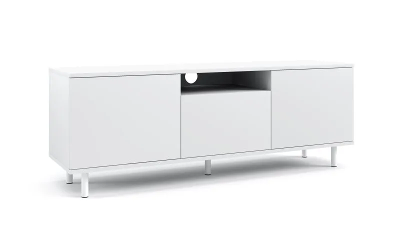 Heller TV-Unterschrank / TV-Möbel Zapopan 108, Farbe: Weiß, Maße: 42 x 150 x 40 cm, vier Fächer, drei Türen, ein Kabelloch, Push-to-open Funktion
