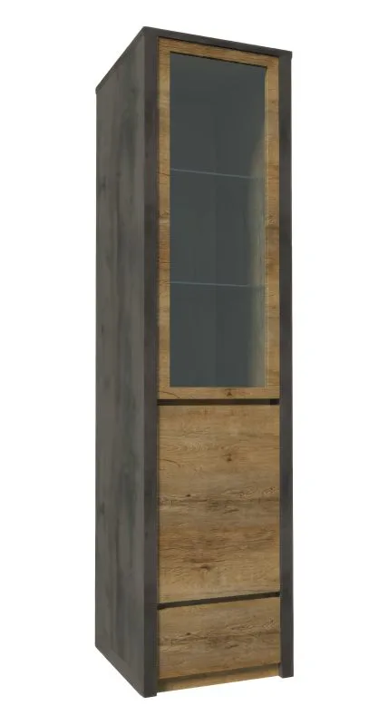 Vitrine Selun 10, Farbe: Eiche Dunkelbraun / Grau - 197 x 50 x 43 cm (H x B x T)