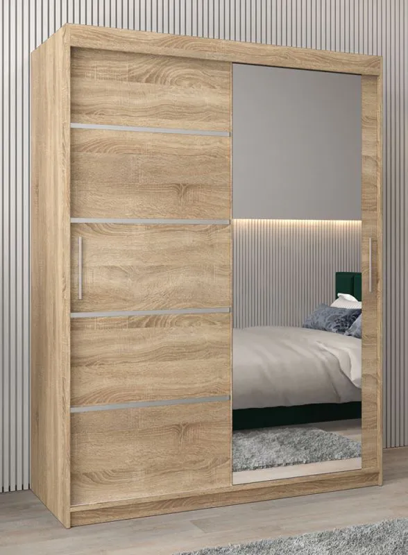 150 cm breiter Schiebetürenschrank mit 2 Türen | 5 Fächer | 2 Kleiderstangen | Farbe: Sonoma Eiche Abbildung