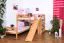 Doppelstockbett L-Form  90 x 200 cm | Buche massiv | natur lackiert | mit Regal und Rutsche | inkl. Rollrost | teilbar Abbildung