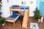 Doppelstockbett L-Form  90 x 200 cm | Buche massiv | natur lackiert | mit Regal und Rutsche | inkl. Rollrost | teilbar Abbildung