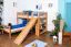 Doppelstockbett L-Form  90 x 200 cm | Buche massiv | natur lackiert | mit Regal und Rutsche | inkl. Rollrost | teilbar Abbildung