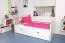  90 x 200 cm Kinderzimmer-Bett mit Bettkasten als Gästebett oder Stauraum | Massivholz: Buche | Weiß Lackiert | inkl. 2. Liegeplatz 90 x 190 cm ausziehbar und 2 Rollrost Abbildung