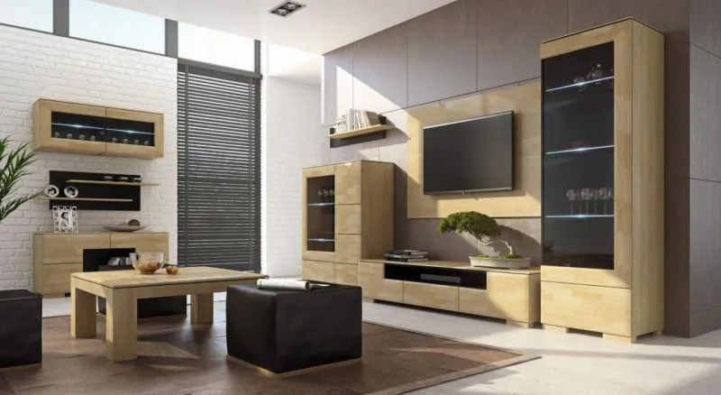 Wohnzimmer-Einrichtung Wohnzimmer Komplett - Set K Lipik, 12-teilig, teilmassiv, Farbe: Eiche / Schwarz Abbildung