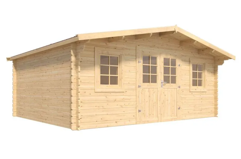 Gartenhaus Wiesenlust 04, 34 mm Blockbohlenhaus, Satteldach, Grundfläche: 20 m², Naturbelassen, mit 1 Doppeltür und 2 Einzelfenstern