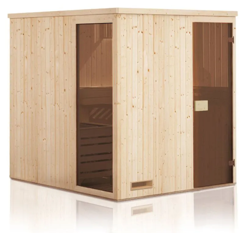 Elementsauna Kawir 68 mm mit 1 Sichtfenster und Dachkranz - Außenmaße (B x T x H): 244 x 244 x 199 cm