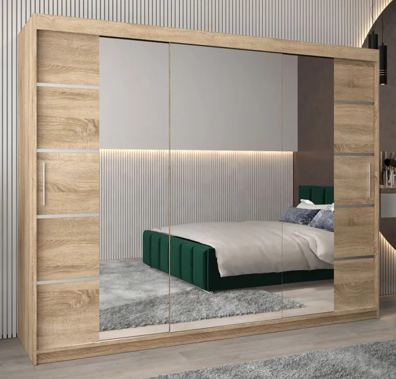 Großer 250 cm breiter Kleiderschrank mit 3 Türen | 10 Fächer | Farbe: Sonoma Eiche Abbildung