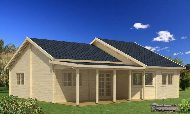 Ferienhaus / Gartenhaus mit Terrasse, 7 Räume, aus nordischen Fichtenholz, 70 mm Blockbohlenhaus, Grundfläche: 95,6 m², Außenmaße: 985 x 971 cm, Satteldach