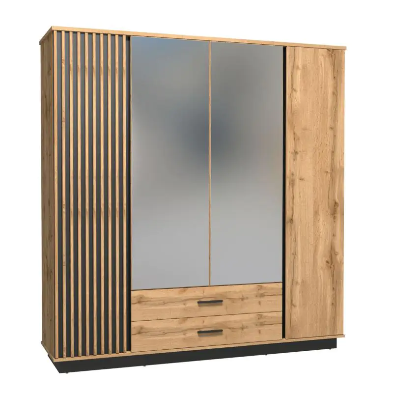 Kleiderschrank mit 2 Spiegeltüren und viel Stauraum Trevalli 18, Farbe: Eiche / Schwarz - Abmessungen: 205 x 197 x 52 cm (H x B x T)