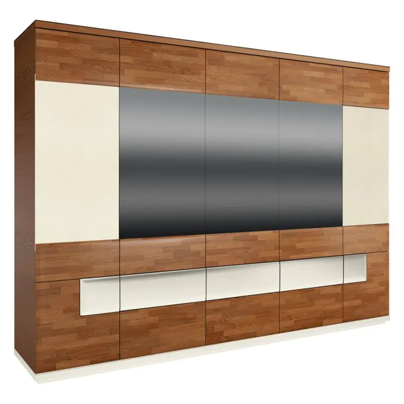 285 cm breiter Kleiderschrank mit 7 Türen, 16 Fächern und 6 Schubladen aus Massiv-Holz | Farbe: Weiß / Walnuss | Tiefe: 62 cm Abbildung