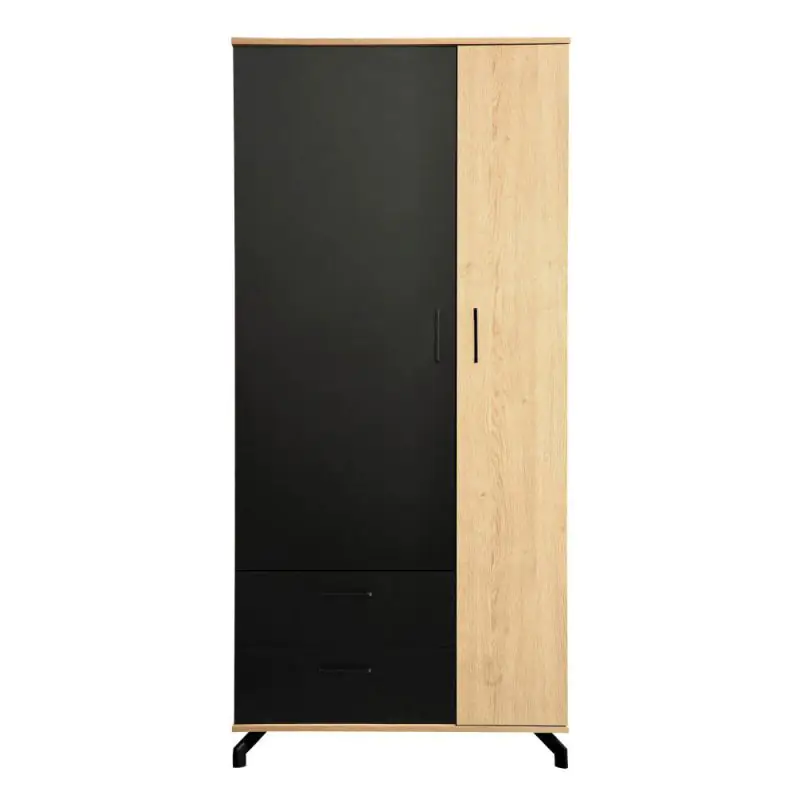 90 cm breiter Kleiderschrank mit 2 Türen, 6 Fächern und 2 Schubladen | Farbe: Eiche / Schwarz | Tiefe: 50 cm Abbildung