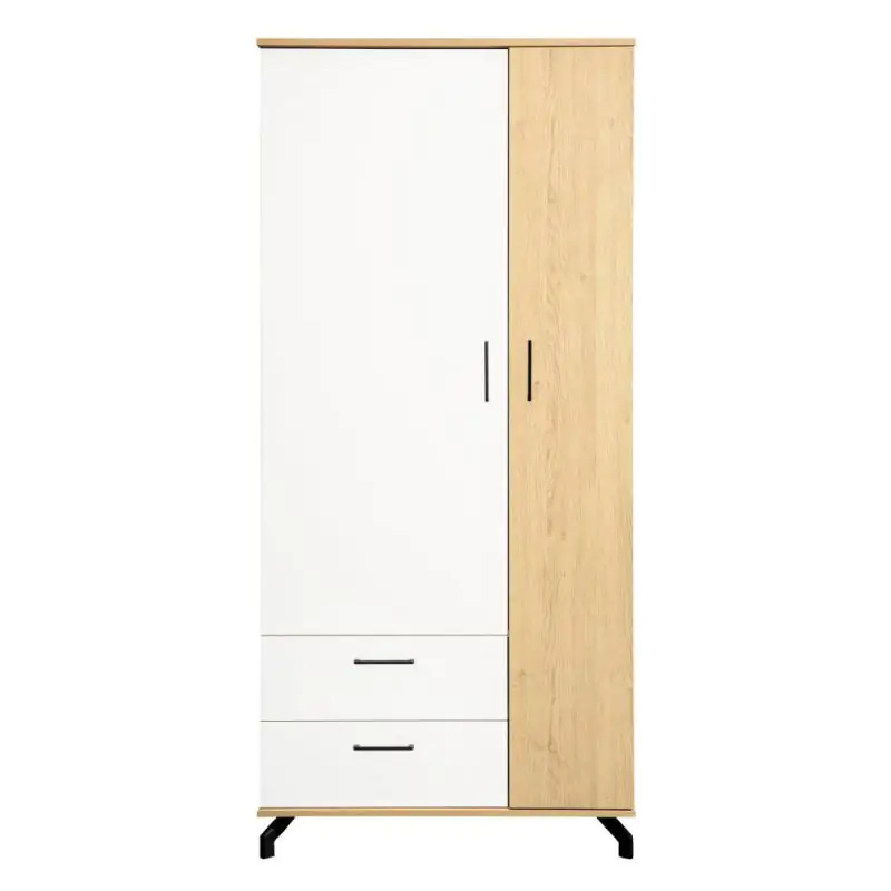 90 cm breiter Kleiderschrank mit 2 Türen, 6 Fächern und 2 Schubladen | Farbe: Eiche / Weiß | Tiefe: 50 cm Abbildung