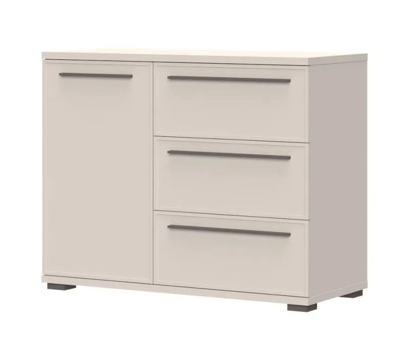 Schlichte Kommode mit drei Schubladen Neiafu 94, Farbe: Kaschmir, Maße: 85 x 107 x 45 cm, eine Tür, zwei Einlegeböden, Soft-Close-Funktion, sehr stabil