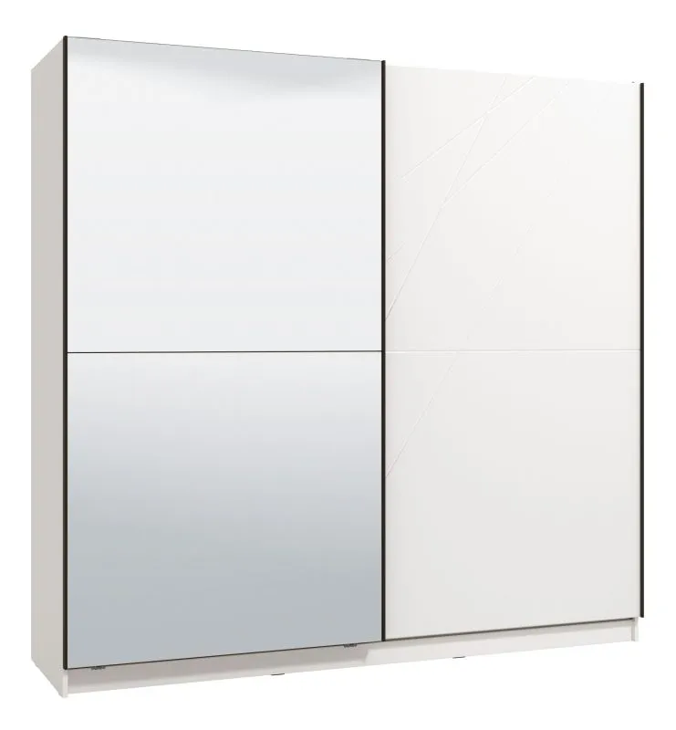 Schwebetürenschrank Bogati 02, eine Spiegeltür, zwei Kleiderstangen, Farbe: Weiß / Weiß Hochglanz, Maße: 210 x 217 x 62,5 cm, für Schlafzimmer