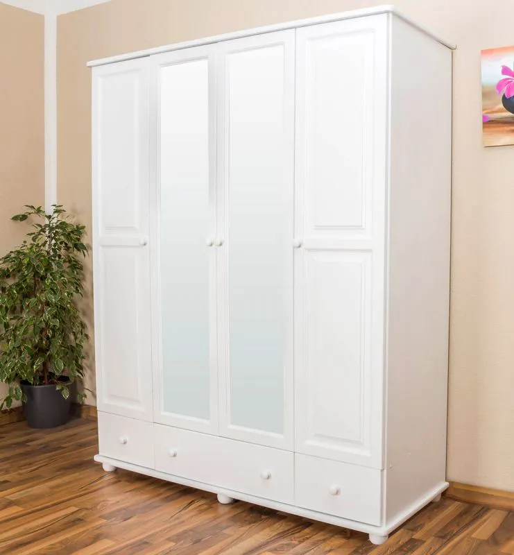 162 cm breiter Kleiderschrank mit 4 Türen, 8 Fächern und 3 Schubladen aus Massiv-Holz | Farbe: Weiß | Tiefe: 59 cm Abbildung