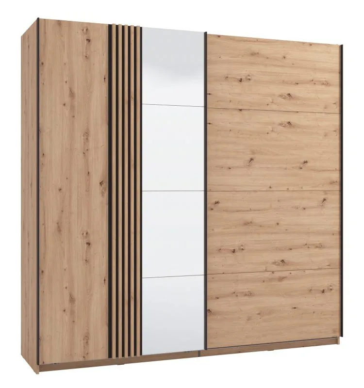 Schwebetürenschrank mit Spiegel Indika 10, zwei Kleiderstangen, Farbe: Eiche Artisan / Schwarz, zwei Fächer, Maße: 217,5 x 220 x 61 cm, für Schlafzimmer