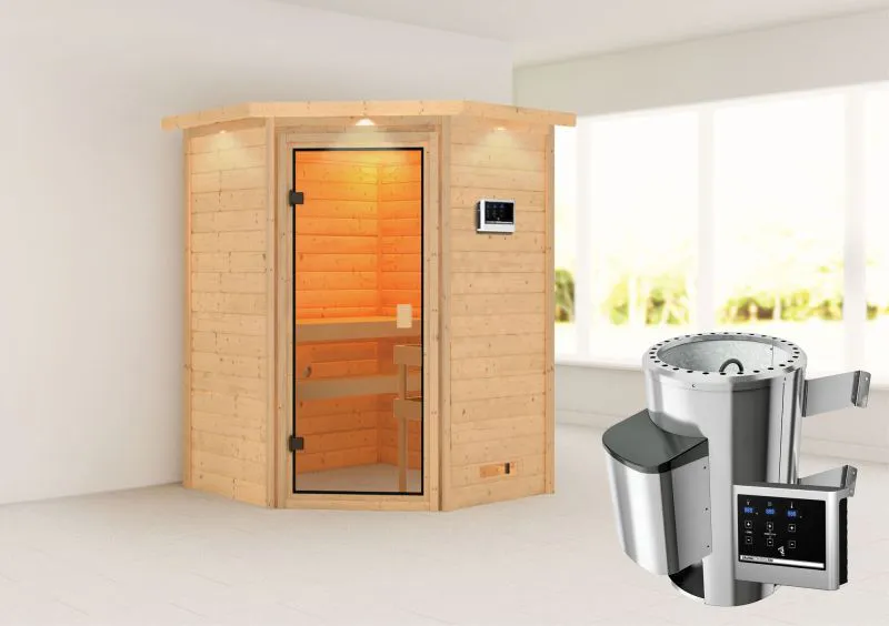 Sauna "Henrik" SET mit bronzierter Tür und Kranz - Farbe: Natur, Ofen externe Steuerung easy 3,6 kW - 173 x 159 x 191 cm (B x T x H)