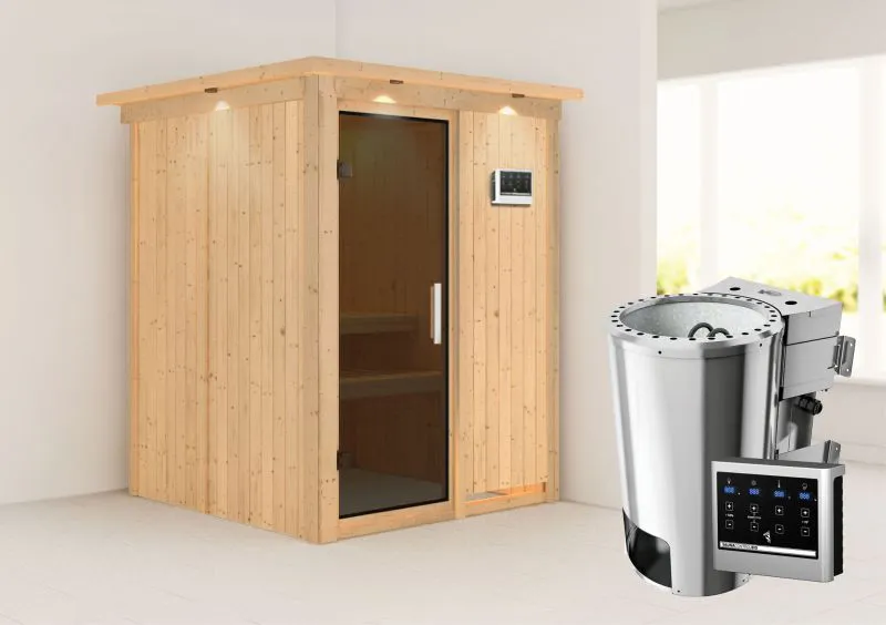 Sauna "Joran" SET mit graphitfarbener Tür, Kranz & Ofen BIO 3,6 kW - 165 x 165 x 202 cm (B x T x H)